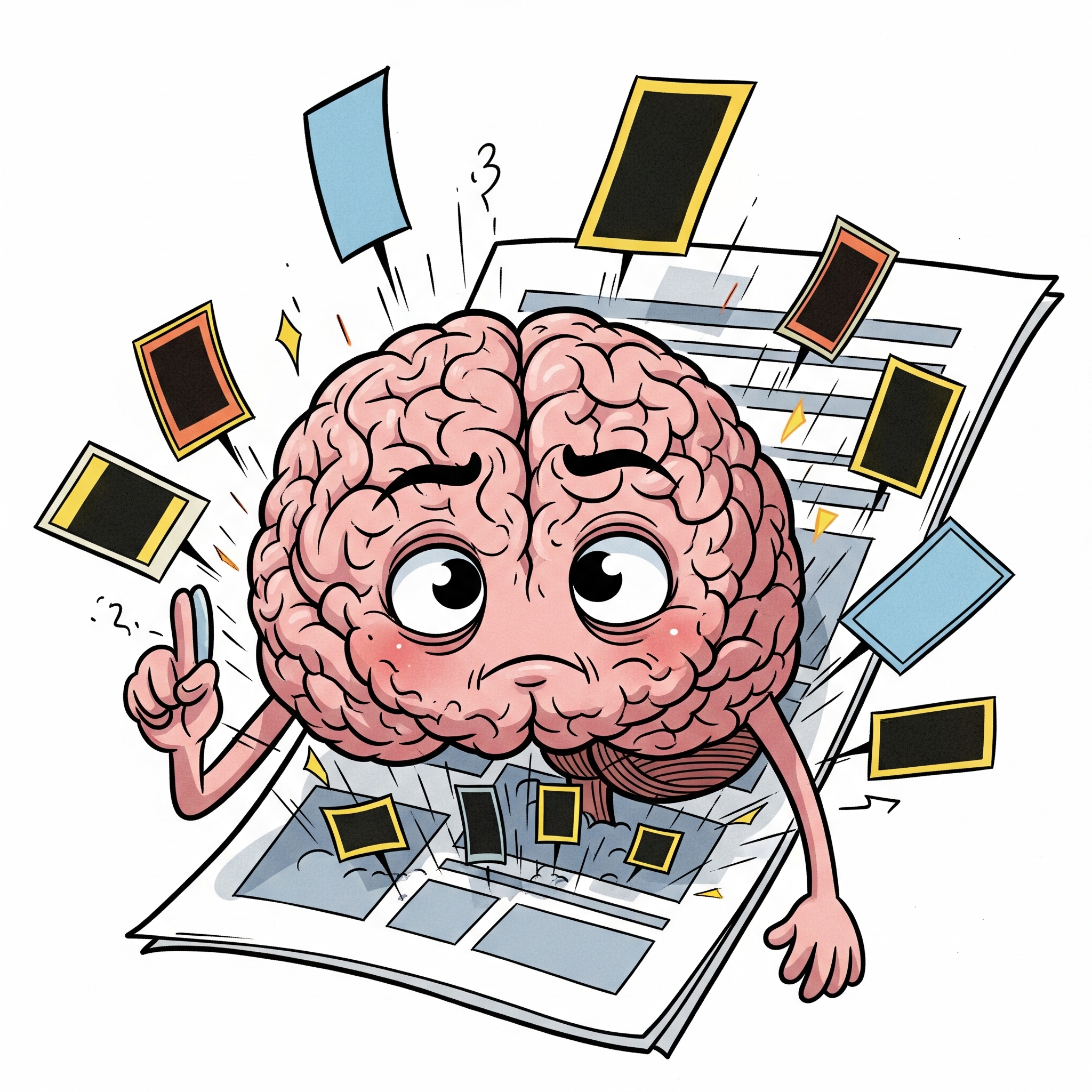 Ilustración del cerebro distraído por anuncios en un documento