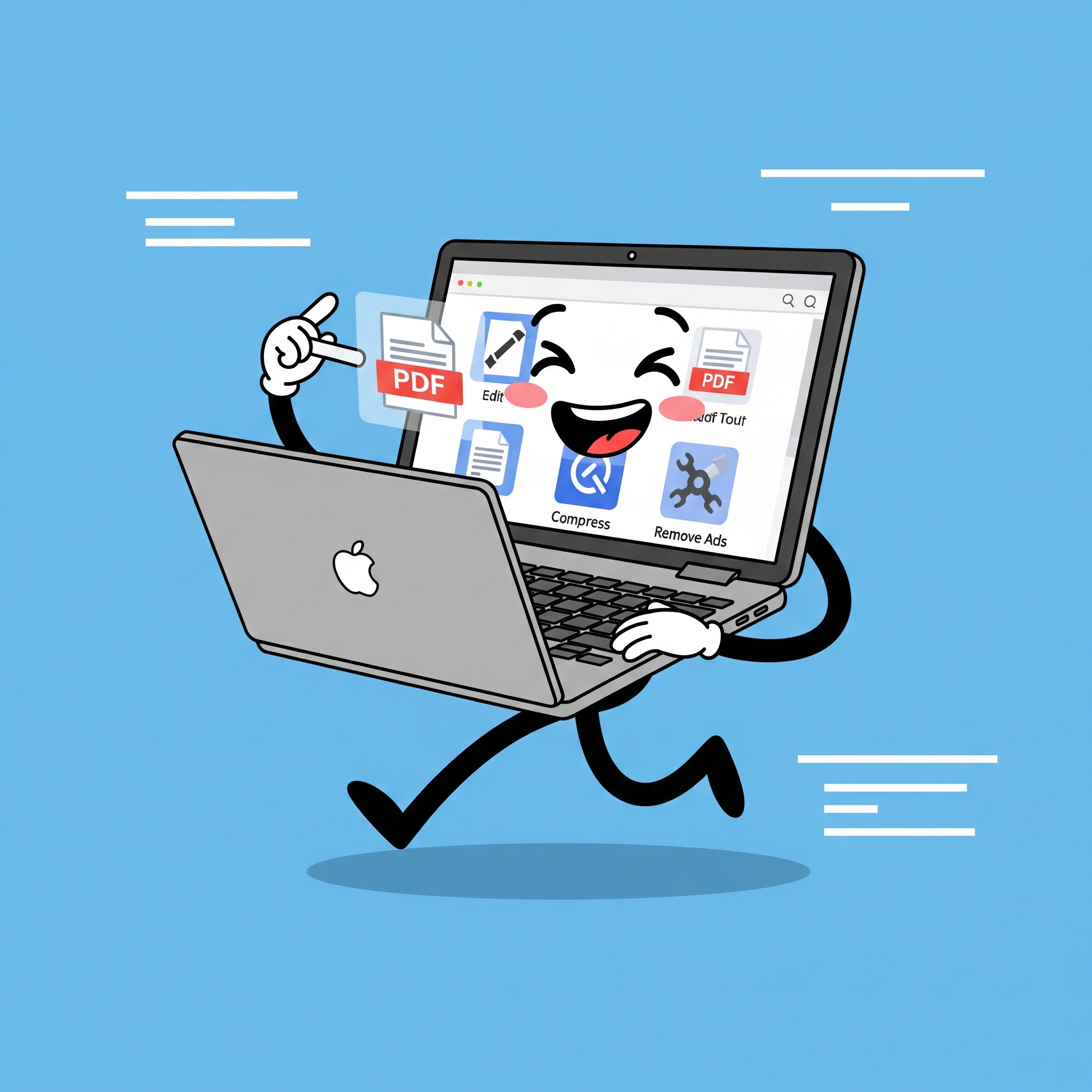 Estudiante sonriendo mientras usa varias herramientas PDF en su laptop