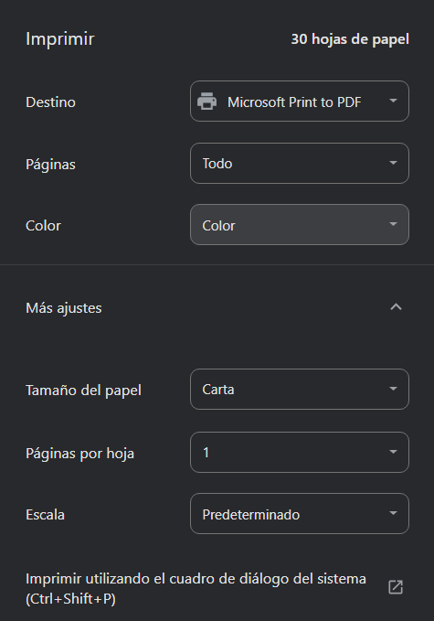 Ventana de configuración de opciones de impresión