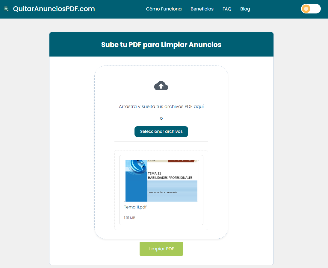Página de inicio de QuitarAnunciosPDF.com en quitaranunciospdf.com